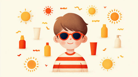 Young child enjoys summer fun while applying sunscreen in a colorful and vibrant setting filled with sunny motifs.の素材