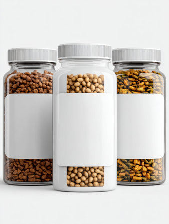 Three jars filled with pet nutrition pellets showcase a clean layout with blank labels, perfect for custom branding in pet food packaging.の素材