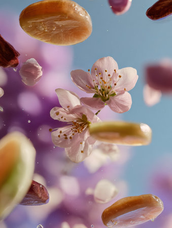 Delicate cherry blossoms hover over a colorful arrangement of floating fruit slices, creating a whimsical and poetic atmosphere filled with light.の素材