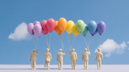 Vibrant clay figures stand together, each holding a bright rainbow balloon, enjoying a cheerful moment under a sunny sky adorned with clouds.の素材