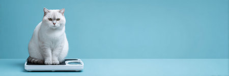 A cat stands on a digital weighing scale at a veterinary clinic, surrounded by a clean pastel background, showcasing a tranquil atmosphere.の素材