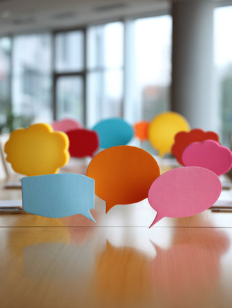 Colored speech bubbles above a conference table indicate active discussion and idea sharing in a corporate setting.の素材