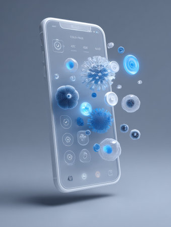 Mobile app interface concept displays digital 3D elements representing cold and flu germs, emphasizing modern healthcare technology and user interaction.の素材