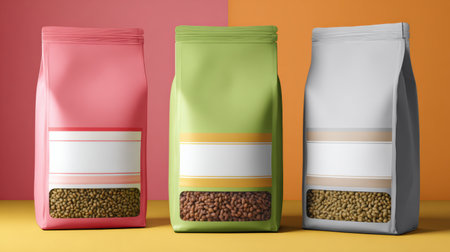 Colorful pet nutrition labels display empty branding zones, presenting a clean and modern design. The bags are arranged in a visually appealing composition.の素材
