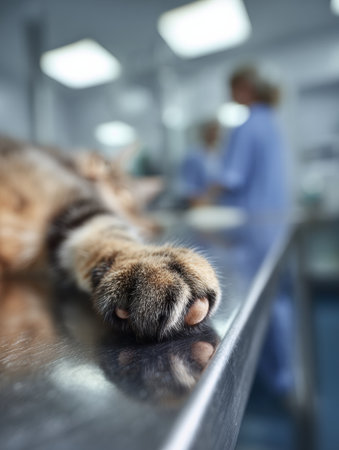 Veterinarian carefully examines a cats paw while standing beside a medical table in a clinic, focusing on the paws condition and health.の素材