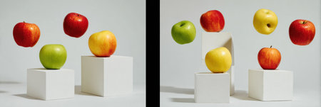 Clean studio display features colorful apples levitating above white geometric blocks, creating a dynamic and modern composition with empty space on the left.の素材