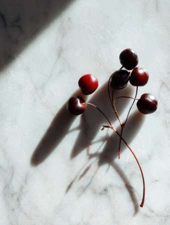 Cherry stems rest on a smooth marble surface, their shadows stretching gracefully. The scene features a limited color palette, enhancing simplicity.の素材