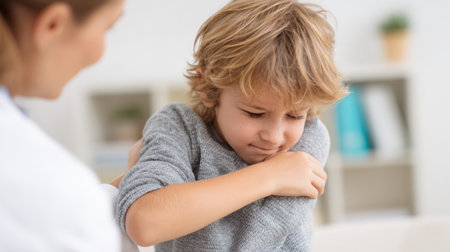 A young child sneezes into their elbow while sitting in a bright examination room at the pediatrician, showing signs of discomfort and care.の素材