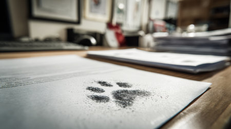 A cats paw print marks clean paperwork on a desk, which remains organized and tidy, showcasing a playful moment in a work setting.の素材