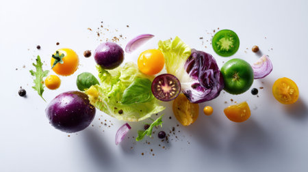 Salad ingredients such as greens, tomatoes, and herbs appear to float on a white surface, showing a vibrant and fresh arrangement perfect for a healthy meal.の素材