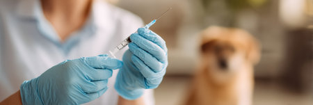 Veterinarian is preparing an injection with gloved hands, focusing on the syringe while a dog waits patiently in the softly blurred backgroundの素材