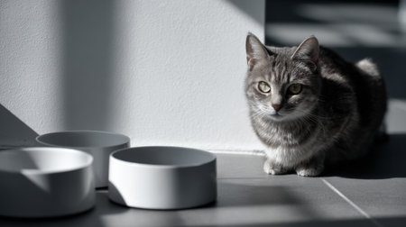 A cat sits in a minimalist room beside food bowls marked morning and evening, basking in soft natural light and enjoying the calm atmosphere.の素材