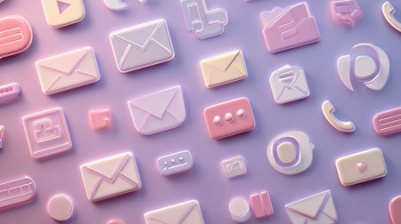 Colorful collage displays various communication icons including SMS, email, and call symbols, set against a soft gradient background for a modern look.の素材