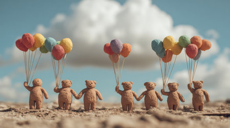 Clay figures shaped like bears joyfully hold vibrant rainbow balloons while standing together beneath a cloud-filled sky on a sunny day.の素材