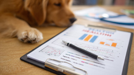 A clipboard displaying a health chart is laid on a table while a dog rests nearby, creating a warm atmosphere in a veterinary clinic.の素材