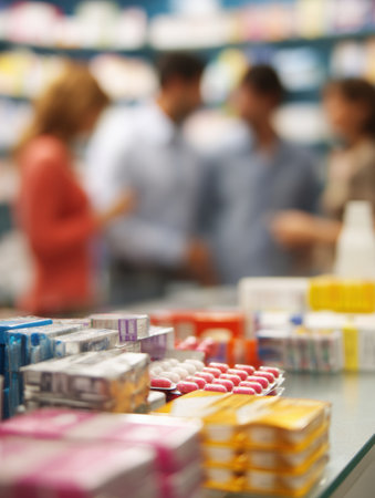 Cold medications line the pharmacy counter while customers interact in the blurry background, representing a busy moment in a retail space.の素材