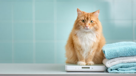 A cat is positioned on a digital weighing scale inside a vet clinic, surrounded by a clean pastel background and neatly stacked towels.の素材