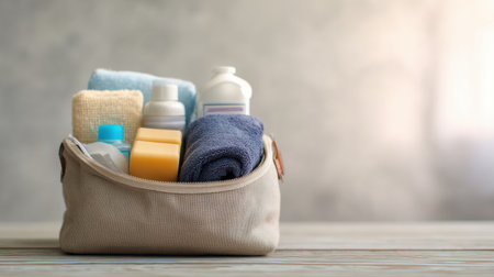 Essentials for cold relief neatly arranged in a travel bag, featuring bottles, towels, and other supplies, set against a soft backdrop for easy visibility.の素材
