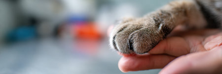 Cat paw is delicately positioned in the veterinarians hand, showcasing care and attention while waiting for a check-up on the medical table.の素材