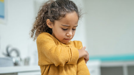 Young child sneezes into elbow while sitting in a well-lit pediatric examination room, showing signs of discomfort during the visit.の素材