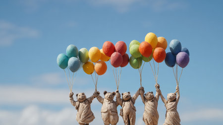Clay figures of playful characters hold a variety of rainbow balloons under a vibrant blue sky, evoking a sense of joy and celebration in the open air.の素材