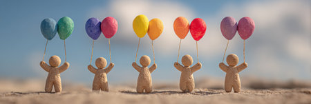 Five handmade clay figures joyfully lift vibrant rainbow balloons against a clear blue sky, capturing a sense of celebration and whimsy.の素材