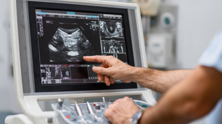 Vet closely analyzes a cat ultrasound displayed on the screen, pointing to specific areas to pinpoint health details at the veterinary clinic.の素材