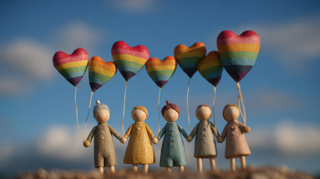 Five charming clay figures stand together, joyfully holding colorful heart-shaped balloons as they bask in the warmth of a sunny open sky.の素材
