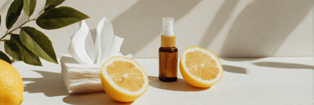 Arrangement features a nose spray bottle with tissues and freshly cut lemon halves on a clean white surface, creating a fresh and soothing atmosphere.の素材