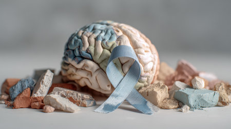 A clay model of a human brain sits among various colored clay fragments, with a soft blue PTSD awareness ribbon in front, representing mental health awareness.の素材