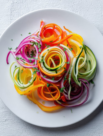 A colorful veggie spiral of zucchini, carrots, and peppers is elegantly plated for a clean, healthy dining aesthetic.の素材