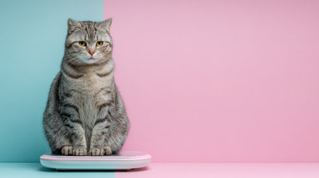 A cat is sitting on a digital weighing scale at a vet clinic.の素材