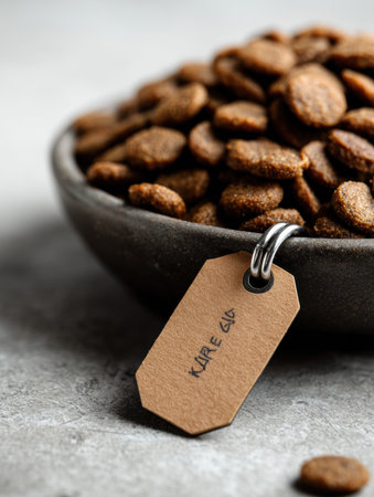 The focus is on a closeup of grain-free kibble in a bowl, accompanied by a tag, highlighting options for pet nutrition in a clean setting.の素材