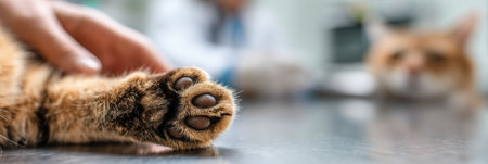 Veterinarian carefully examines a cats paw, ensuring its health and well-being, as another feline companion is seen in the background at the clinic.の素材