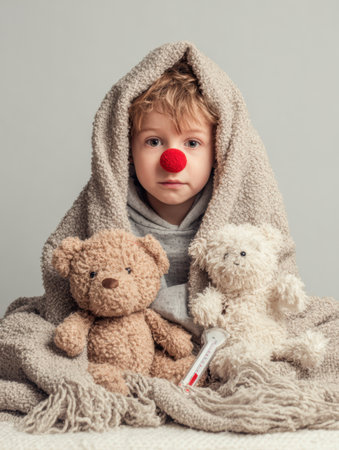 Child with a red nose is sitting underneath a cozy blanket with stuffed toys and a thermometer in a tidy indoor space, evoking a sense of comfort and careの素材