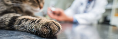 Soft cat paw is gently held by a veterinarian in a clinical environment, with medical instruments and equipment blurred in the background.の素材