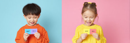Two children actively learn foreign vocabulary with colorful flashcards, surrounded by bright colors that create a joyful and engaging atmosphere for education.の素材
