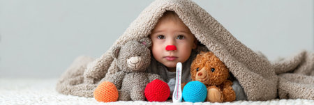 A child with a red nose is nestled under a soft blanket, surrounded by colorful toys and a thermometer, capturing a delightful moment of indoor play.の素材