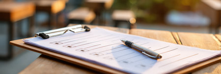 A cold recovery checklist is placed on a clipboard, with a pen nearby, set against a softly blurred background of outdoor seating.の素材
