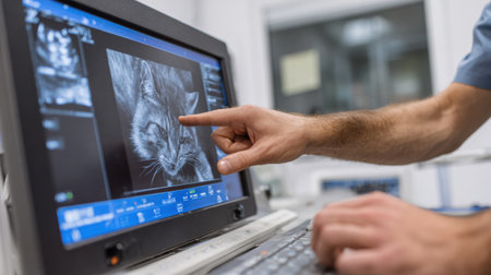 A veterinarian is pointing at a cat ultrasound displayed on a screen in a neat clinic setting, focused on analyzing the results for diagnosis.の素材