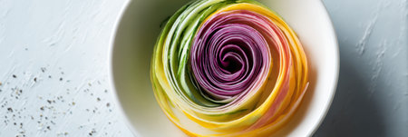 Vibrant layers of vegetables are arranged in a spiral pattern on a white plate, creating a fresh and artistic presentation in a minimalistic setting.の素材