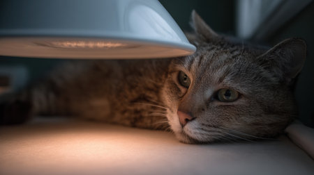 Feline relaxing beneath a warm heat lamp, surrounded by a quiet environment, taking time for recovery after an exhausting day of activity.の素材