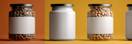 A visually appealing display of jars containing pet nutrition, featuring clear labels and empty branding zones for creative design purposes.の素材