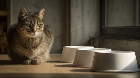 A curious cat sits quietly next to three empty food bowls labeled morning and evening, surrounded by a simple and clean environment.の素材