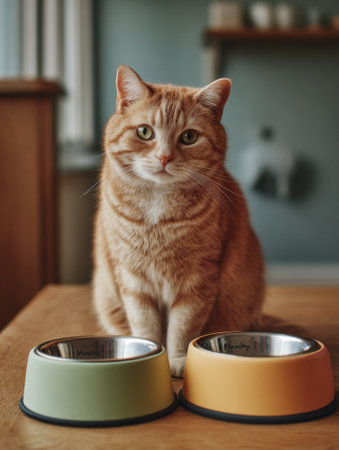 A calm cat sits near two distinct food bowls labeled morning and evening in a simple, uncluttered home environment, suggesting mealtime preparation.の素材