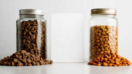 Clean composition of pet food in jars highlighting the texture and colors of kibble alongside an empty branding label for potential product placement.の素材