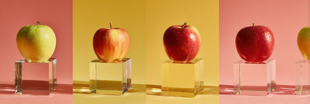 A group of fresh apples displayed on transparent blocks against a vibrant backdrop, highlighting their colors and textures in a clean studio environment.の素材