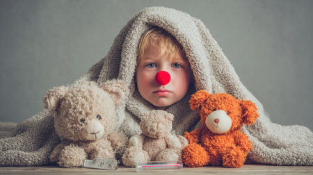 A child with a red nose is tucked under a soft blanket, seated with plush toys and a thermometer in hand, giving a sense of warmth and care at home.の素材