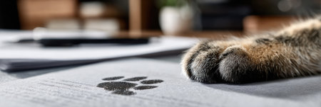 A cats paw leaves a print on a sheet of paperwork resting on a clean desk, highlighting a moment of curiosity in a peaceful office environment.の素材