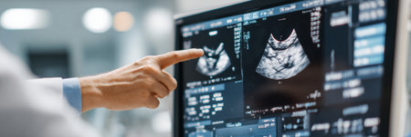 Veterinarian points at cat ultrasound images displayed on a monitor in a clean and well-organized veterinary clinic during a diagnostic session.の素材